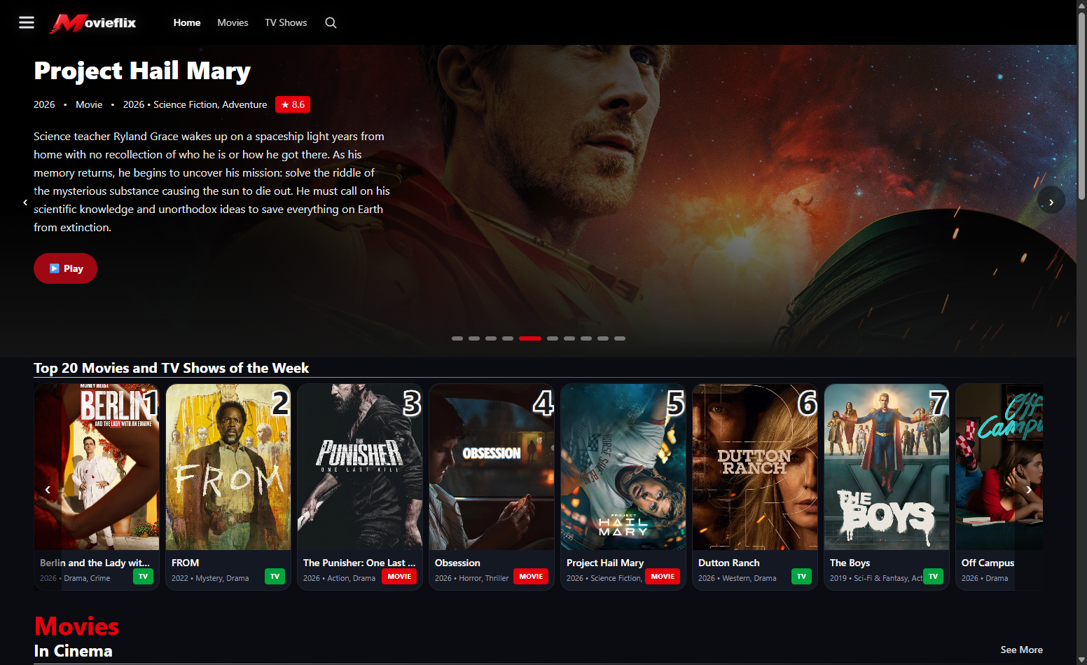 MovieFlix React movie and TV shows live demo screenshot