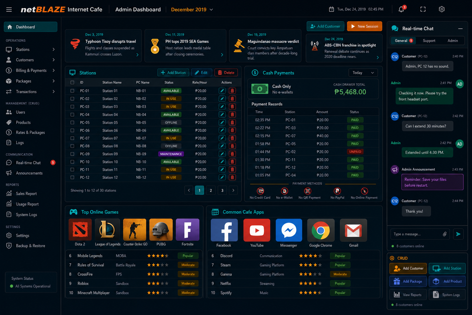 netBLAZE Internet Cafe management system dark dashboard screenshot