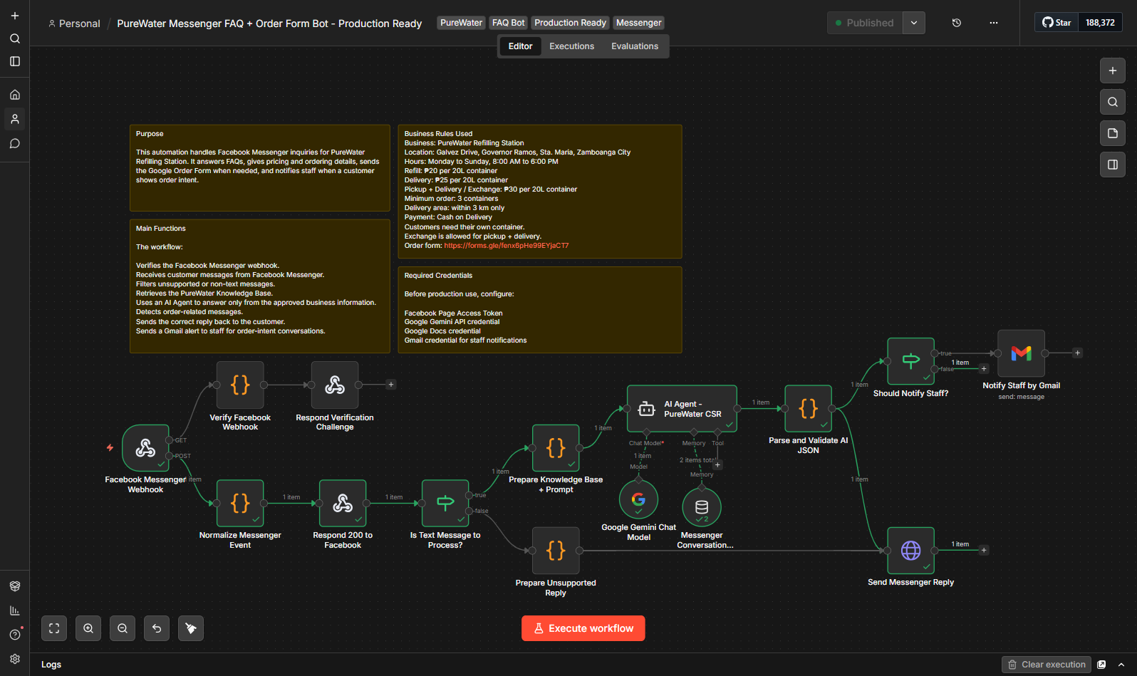 PureWater Refilling Station n8n Messenger bot workflow screenshot