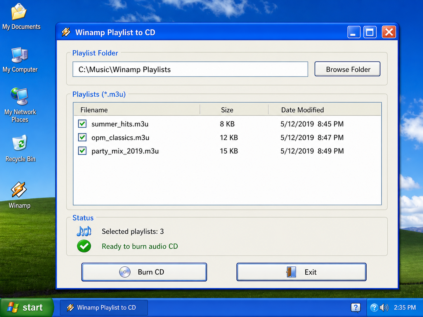 Windows XP Winamp Playlist to CD desktop utility screenshot